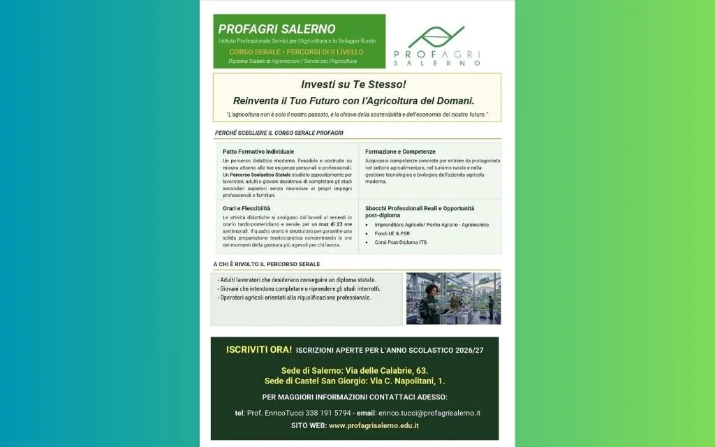 CASTEL SAN GIORGIO – PROFAGRI, APERTE LE ISCRIZIONI AI CORSI SERALI PER L’ANNO 2026/27